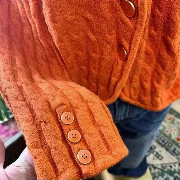 Talbots Cardigan Orange Merino Wool Cable Pattern Sweater Petite Medium - Picture 4 of 15
